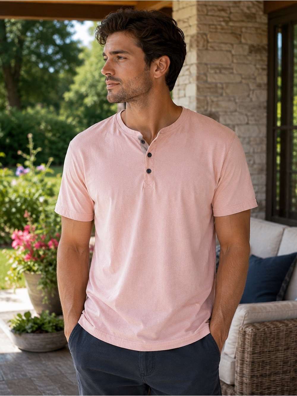 Free Planet Organic Cotton Pink Henley T-Shirt Size S Casual Minimalist